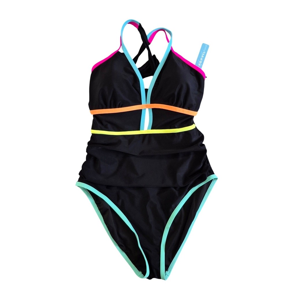 Popvil Womens Neon Colorblock One Piece Swimsuit Black Ruched Cutout Large
